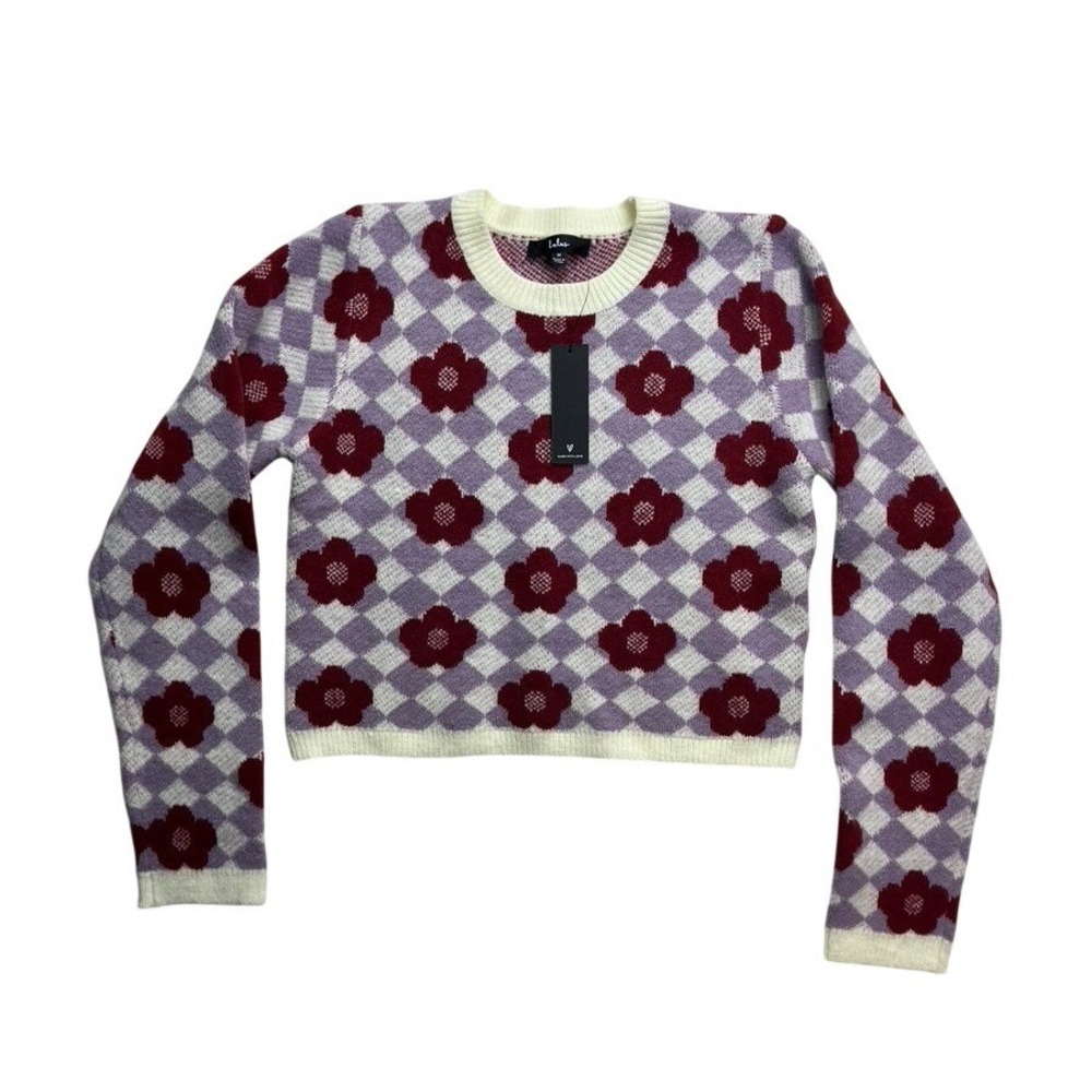 Lulus Floral‎ Checkerboard Sweater Long Sleeve Crewneck Ivory Lilac M New